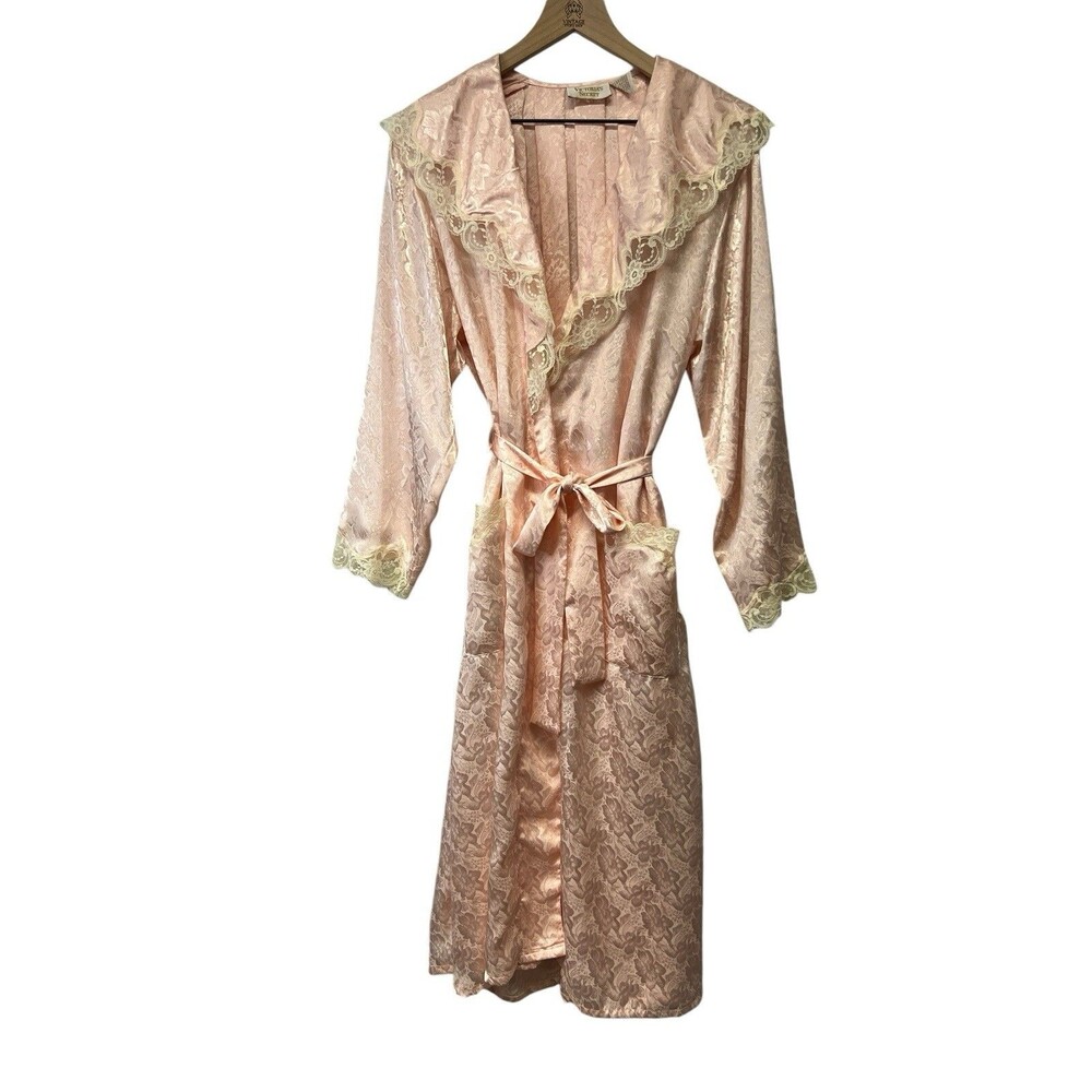 VICTORIA'S SECRET Vintage 90s Gold Label Long Satin Robe Belted Peach Lace M/L